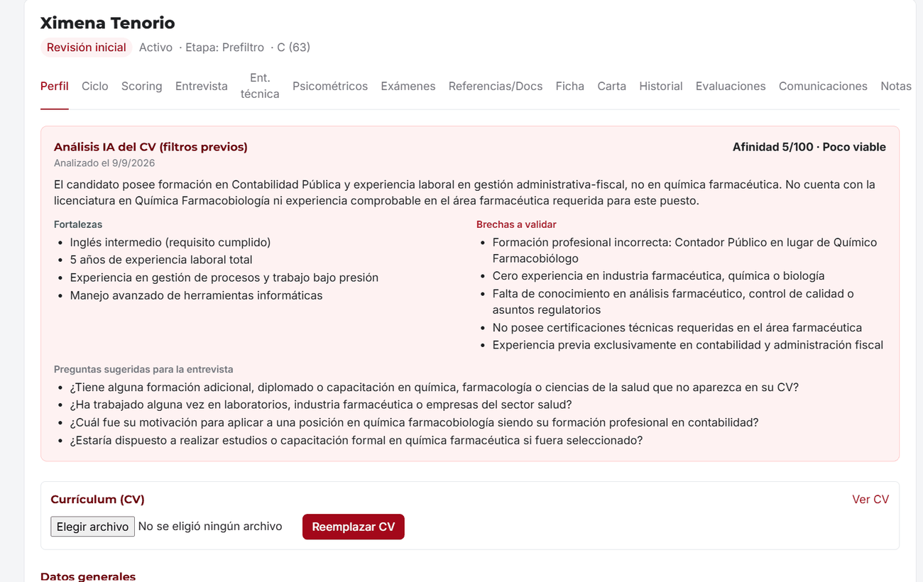 Análisis del currículum con inteligencia artificial en ACQ Talent: afinidad, fortalezas, brechas y preguntas sugeridas