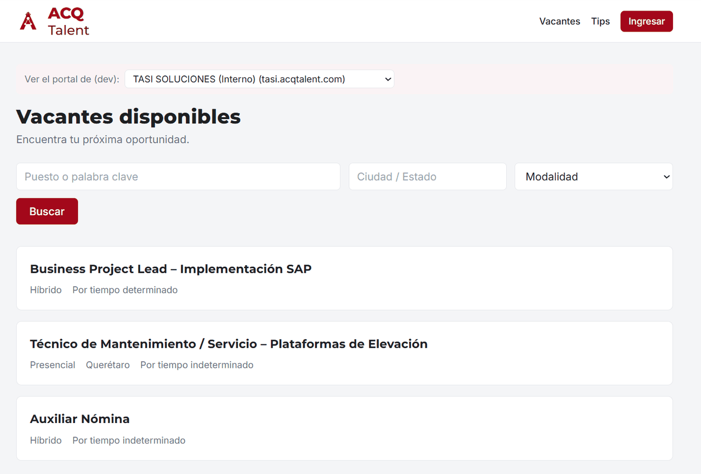 Portal público de vacantes con la marca del cliente, con buscador por puesto, ciudad y modalidad