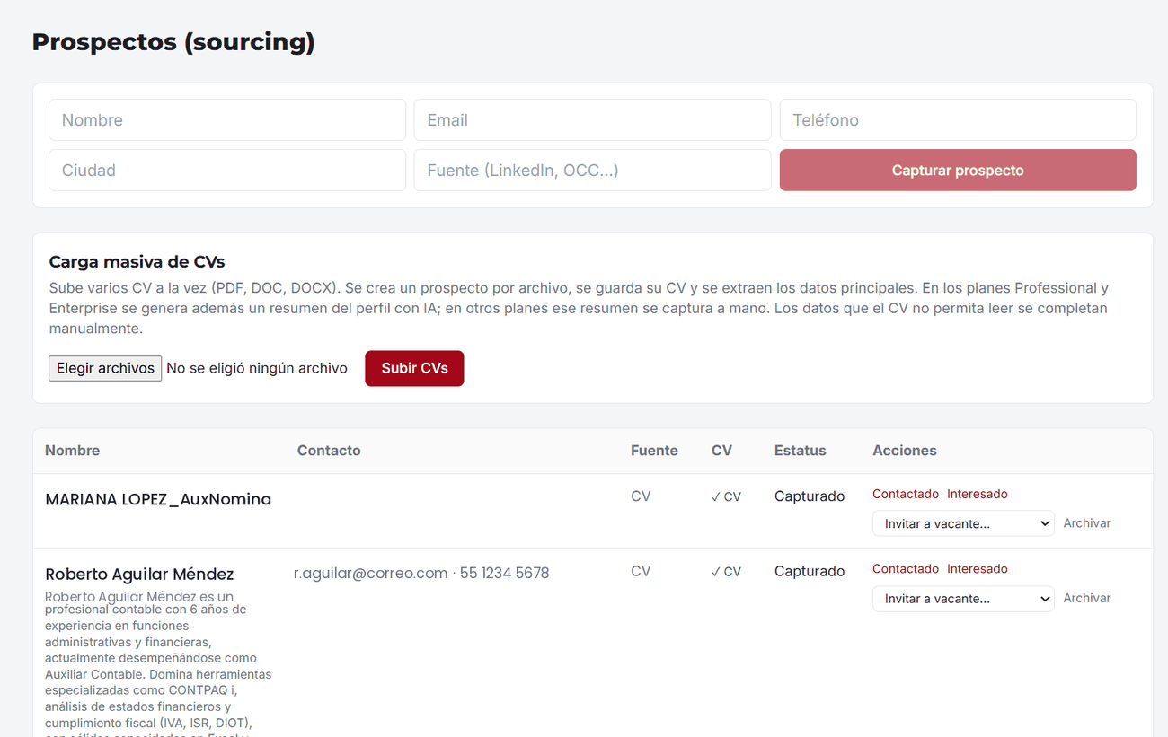 Módulo de prospectos y sourcing en ACQ Talent con captura de candidatos y carga masiva de currículums